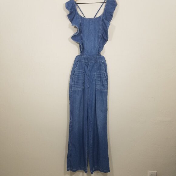 La Vie En Rose Pants - La Vie En Rose Ruffle Open Back Denim Jumpsuit Blue Size S